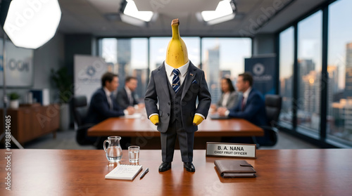 Banana Suit: Realistic banana wearing a tiny, perfectly tailored charcoal business suit, standing on a miniature boardroom table, studio softbox lighting, high-energy style.