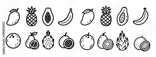 Tropical icons with mango pineapple papaya outline