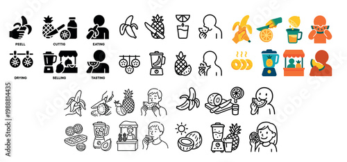 Food icons with banana pineapple blender flat