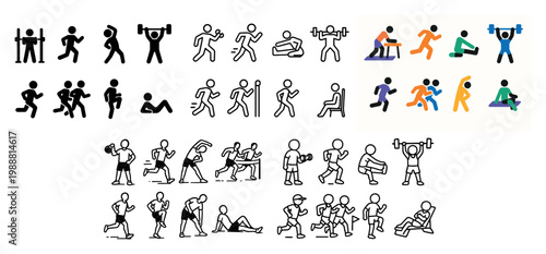Fitness icons with runner weightlifter yoga colorful