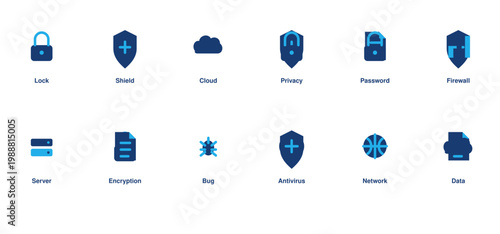Cybersecurity IT solid icon set lock shield cloud privacy password editable vector illustration collection