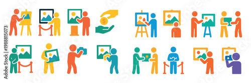 Art icons with person easel picture colorful