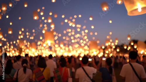 A large crowd of people releasing and watching hundreds of glowing sky lanterns ascend into the dark evening sky during a festival.