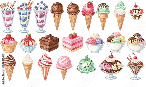 Delicious ice cream desserts collection with cones, sundaes, cakes and scoops, sweet colorful vector illustration set for menu, cafe, and summer design