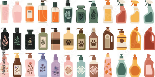 Cleaning and cosmetic bottles collection with detergent, spray and skincare containers, colorful packaging vector illustration set for household and hygiene design