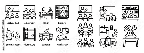 Education icons with classroom library workshop minimal