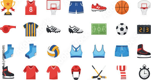 Sports equipment and apparel icons collection with basketball, soccer, hockey gear and fitness clothing, flat vector illustration set for game and athletic design
