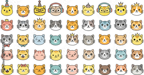 Cute cat faces collection with different expressions, accessories and colors, adorable kitten avatars vector illustration set for stickers, icons, and design