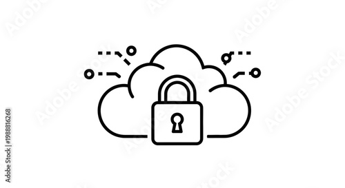 Cloud Computing Security Icon: Padlock on Cloud with Digital Data Streams