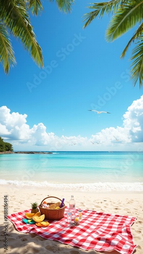 Sunlit beach with turquoise water and white sand. Red-and-white checkered blanket spread on sand. Wicker basket holds fruit and drink. Palm fronds frame the top of the image