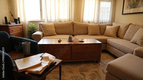 Cozy living room with beige sectional sofa and wooden coffee table. Natural light filters through sheer curtains. Patterned rug covers the floor beneath furniture