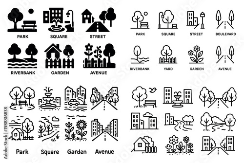 Urban icons with bench tree building outline