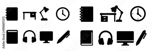 Office icons with notebook lamp clock pen flat