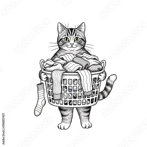 Charming tabby cat carrying a basket overflowing with laundry and a sock