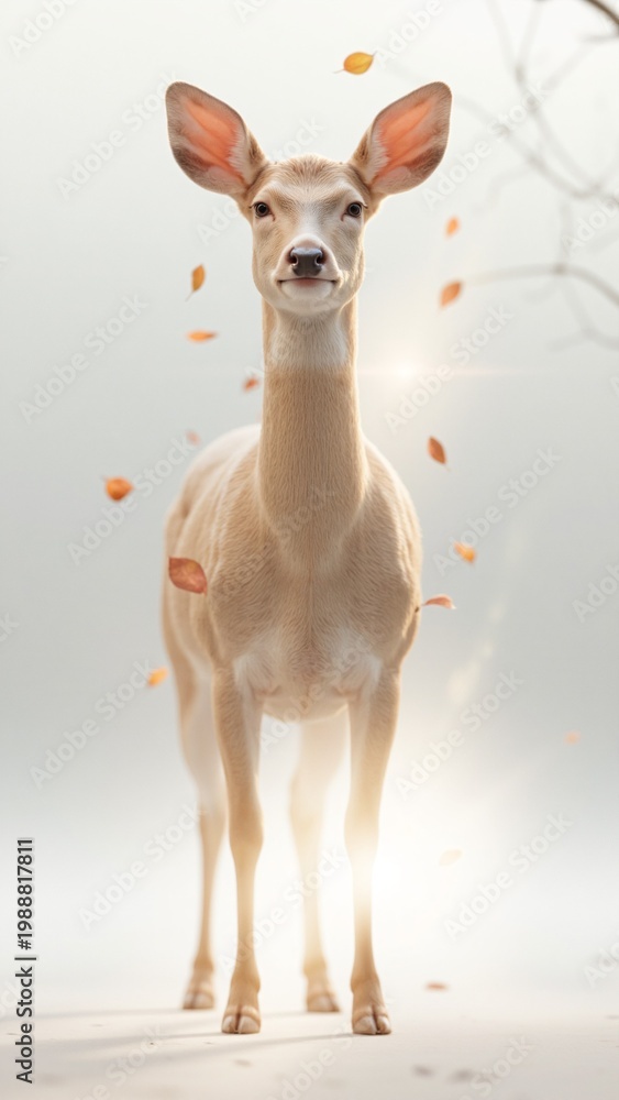 Obraz premium Soft light glows around a young deer. Leaves drift gently in the air around it. It stands still, gazing calmly forward. Its ears are perked, attentive to surroundings. The background is bright