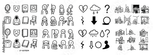 Mental health icons with people heart cloud outline style