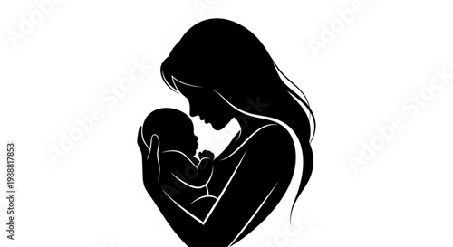 A minimalist vector graphic illustration of a mother holding her baby in a heart-shaped silhouette