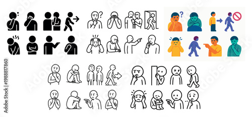 Health icons with coughing person and worried group outline