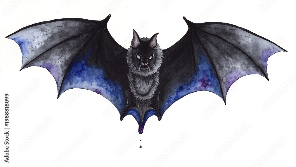 Fototapeta premium Dark bat with spread wings glides against white background. Wings glow with deep blue and purple hues. Fur is black with subtle gray tones. Eyes are sharp and alert. Tiny droplet hangs below its chin
