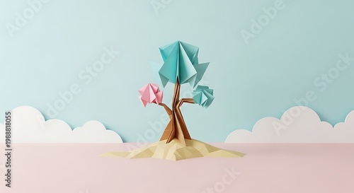 Paper craft tree standing upon sandy ground with pastel clouds, origami foliage, folded.