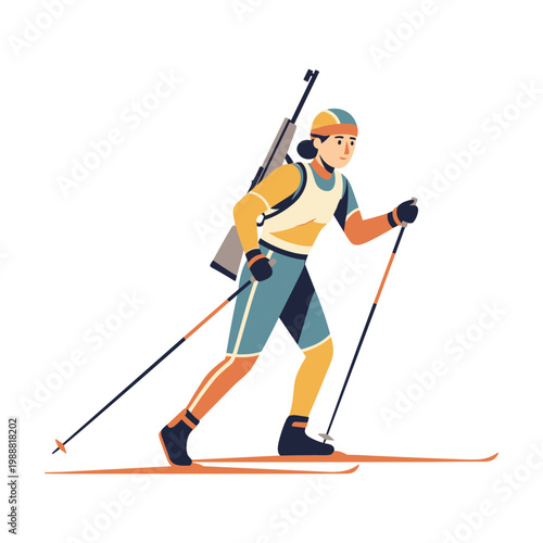 Female Biathlon Athlete Skiing with Rifle and Poles - Winter Sports Illustration