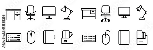 Office icons with desk and chair flat outline