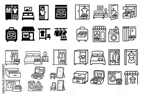 Home icons with closet bed suitcase outline