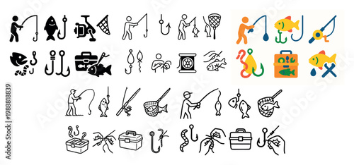 Fishing icons with rod hook net minimal