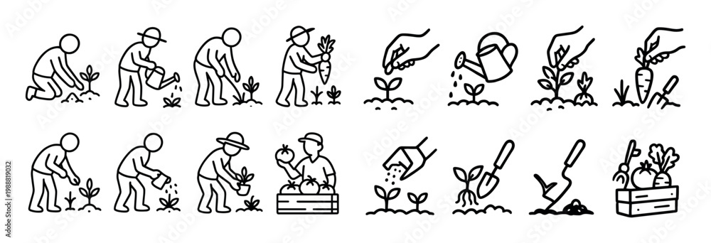 Obraz premium Gardening icons with plant shovel wateringcan minimal