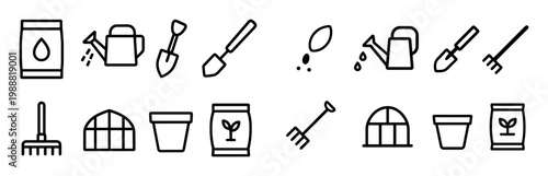 Gardening icons with shovel pot seedling outline
