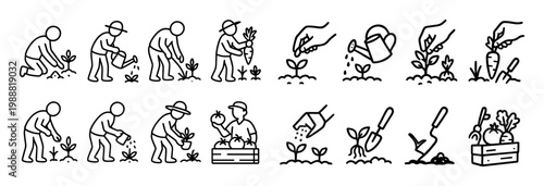 Gardening icons with plant shovel wateringcan minimal