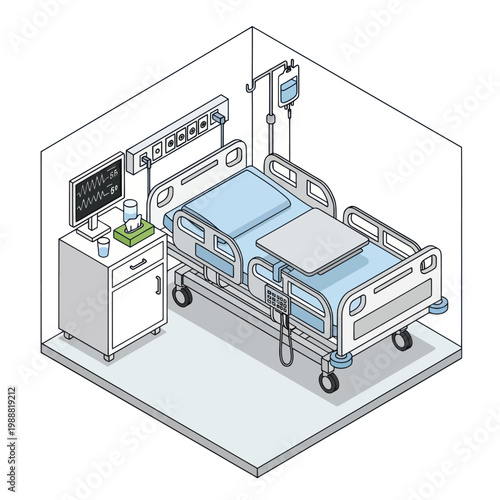 Hospital Room Interior with Medical Equipment and Bed.