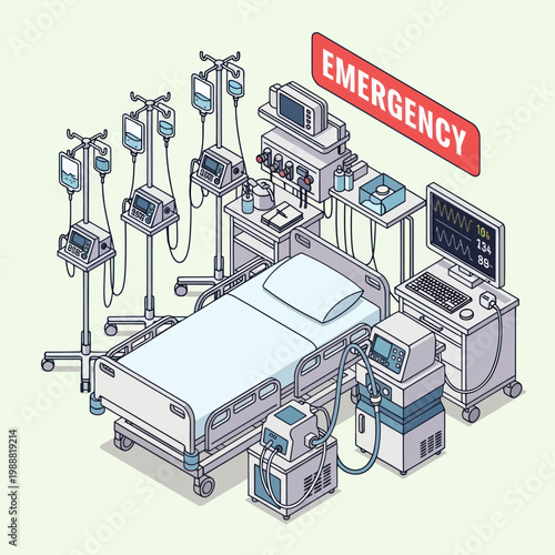 Intensive Care Unit Medical Equipment and Hospital Bed Illustration.