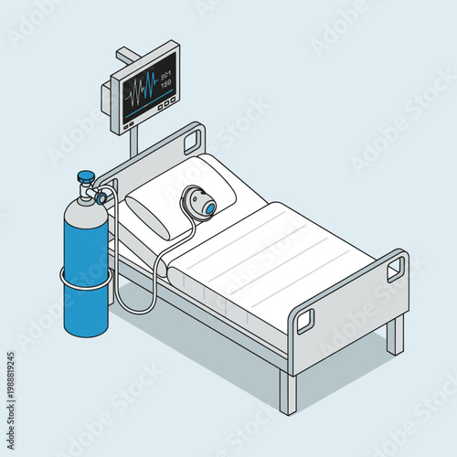 Hospital bed with medical equipment and oxygen tank.