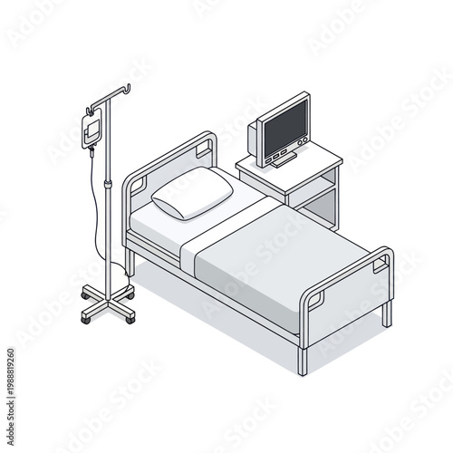 Hospital room with bed IV drip and monitor illustration.