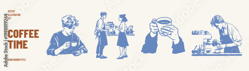 Barista serving coffee conversation cafe counter daily routine. Illustrations for menu design and hospitality concepts. Crayon drawn sketch, pencil style with clean dynamic lines.