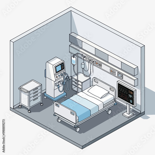 Hospital Room Interior with Medical Equipment and Bed.