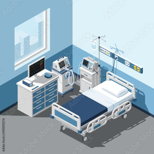 Modern Hospital Room with Medical Equipment and Patient Bed.