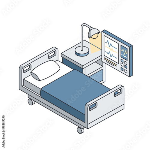 Hospital Room Bed With Medical Equipment And Nightstand.