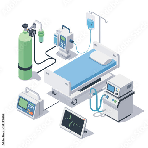 Medical Hospital Room Equipment and Bed Setup.
