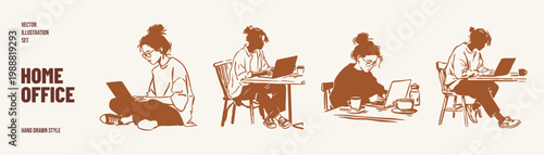 Freelancers working laptop casual home workspace daily routine. Illustrations for productivity blogs and digital lifestyle. Crayon drawn sketch style with clean minimal linework.
