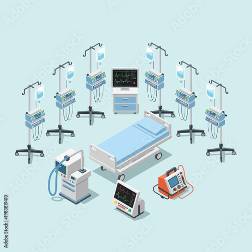 Hospital Medical Equipment and Patient Bed Arrangement.