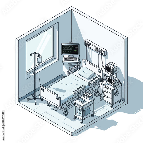 Hospital Room Interior with Medical Equipment and Bed.