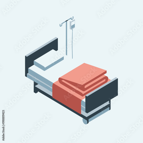 Hospital bed with IV drip stand and blanket isometric view.