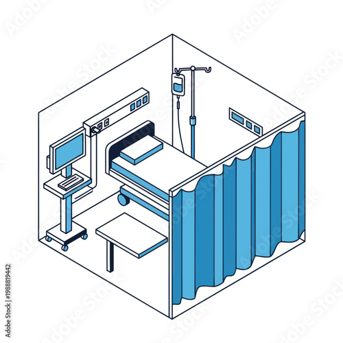 Isometric Hospital Room with Medical Equipment and Bed.