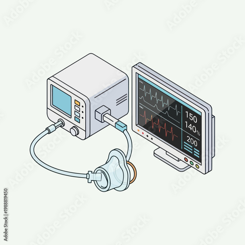 Medical Equipment Illustration Showing Ventilator and Monitor.