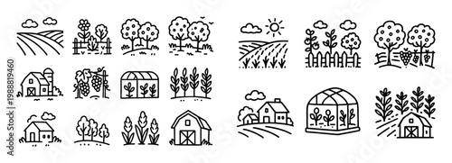 Farm icons with barn greenhouse fields outline