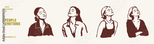 Calm women relaxed peaceful mood self confidence portraits. Illustrations for wellness content and lifestyle design. Hand drawn sketch, pencil style with soft clean contours.