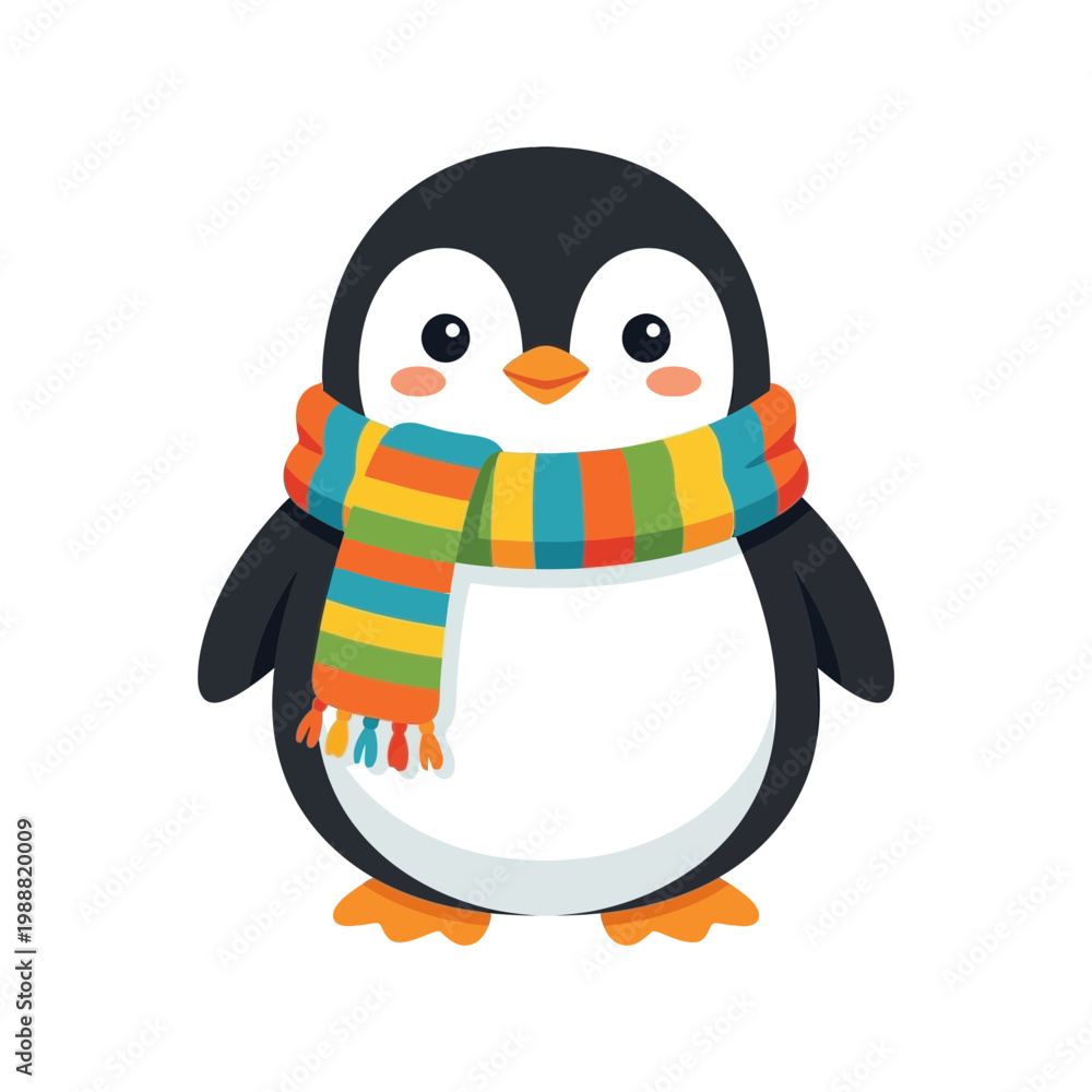 Obraz premium A cute cartoon penguin wearing a colorful striped scarf outdoors