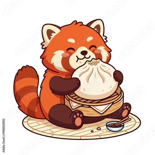 A cute red panda happily eating a large steamed bun on a mat